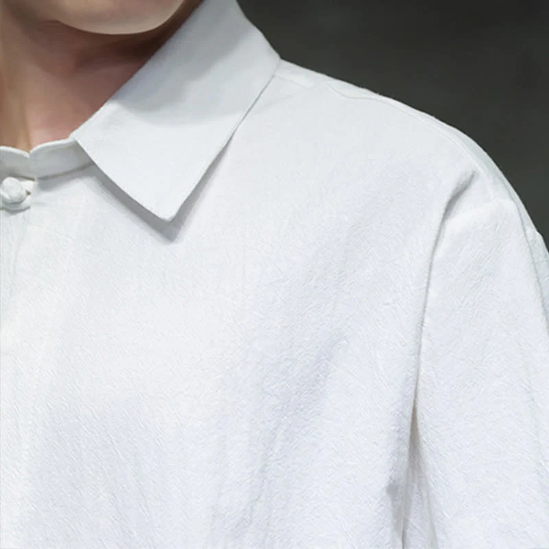 Buddha Stones Commute Plain Half Buttons Design Men's Cotton Linen Shirt With Pocket