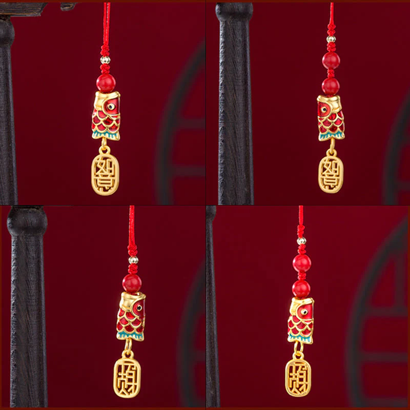 Buddha Stones Koi Fish Cinnabar Attracting Wealth Wish Ruyi Charm Luck Phone Hanging Decoration