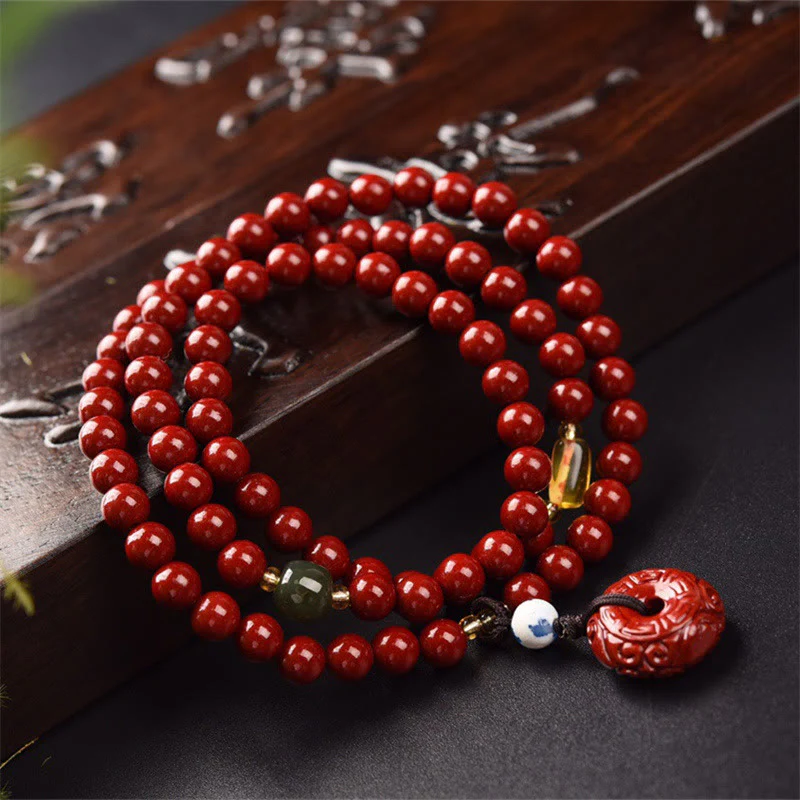 Buddha Stones Tibetan Cinnabar Peace Buckle Triple Wrap Blessing Bracelet Mala