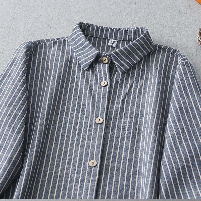 Buddha Stones LightSteelBlue White Striped Button Design Lapel Cotton Linen Midi Dress With Pockets