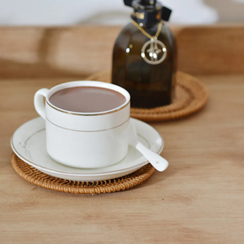 Buddha Stones Ceramic Flower Pattern Rattan Cup Mat Tea Cup Coaster