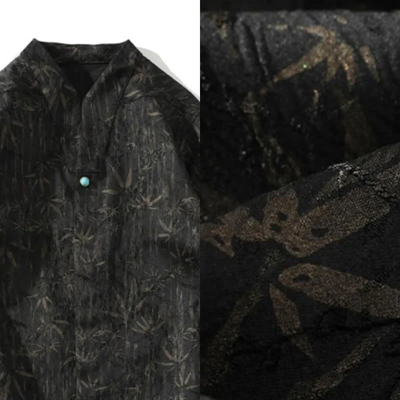 Buddha Stones Summer Golden Bamboo Jacquard Men's Half Sleeve Linen Shirt