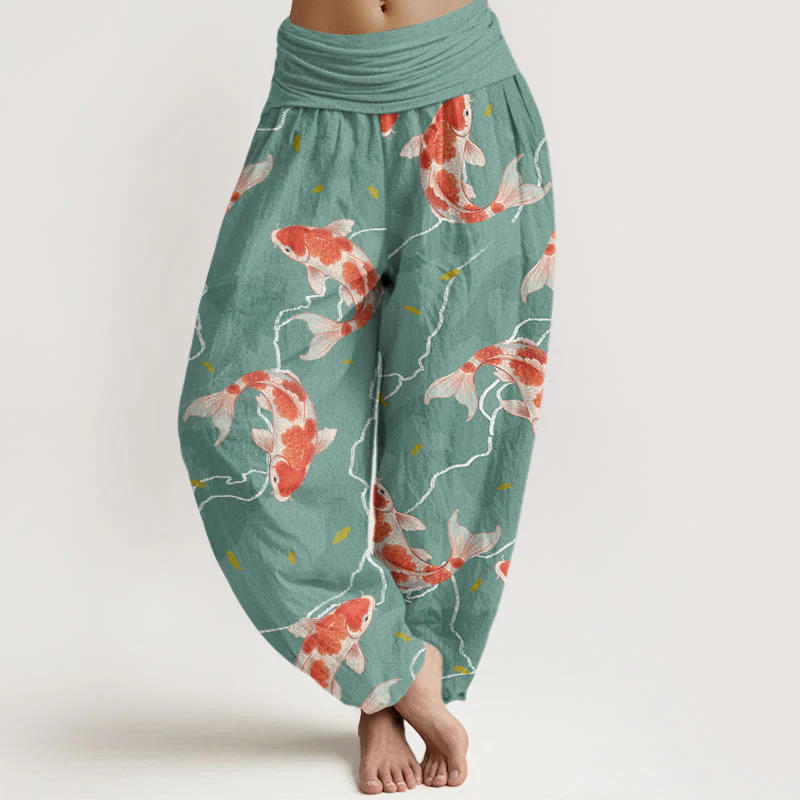 Buddha Stones Red White Koi Fish Pattern Design Women's Elastic Waist Harem Pants
