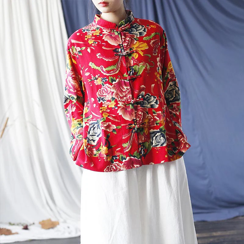 Buddha Stones Ethnic Red Flower Peony Frog-Button Cotton Linen Long Sleeve Shirt Jacket With Pockets