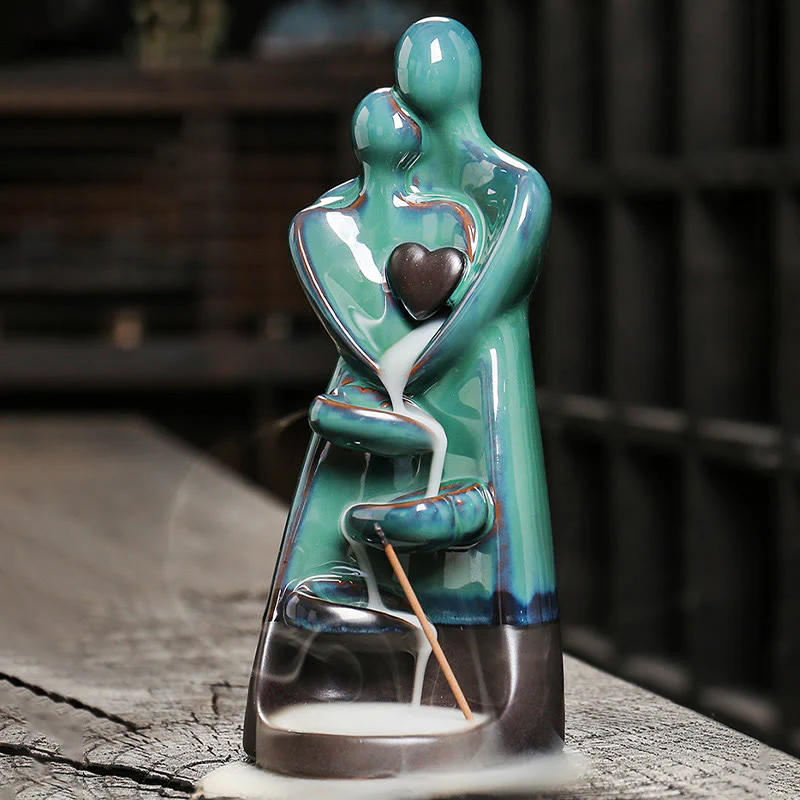 Buddha Stones Lovers Couple Embrace Love Ceramic Backflow Smoke Fountain Healing Incense Burner Decoration