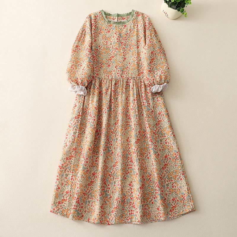 Buddha Stones Casual Floral Lace Crew Neck Balloon Long Sleeve Cotton Linen Midi Dress With Pockets