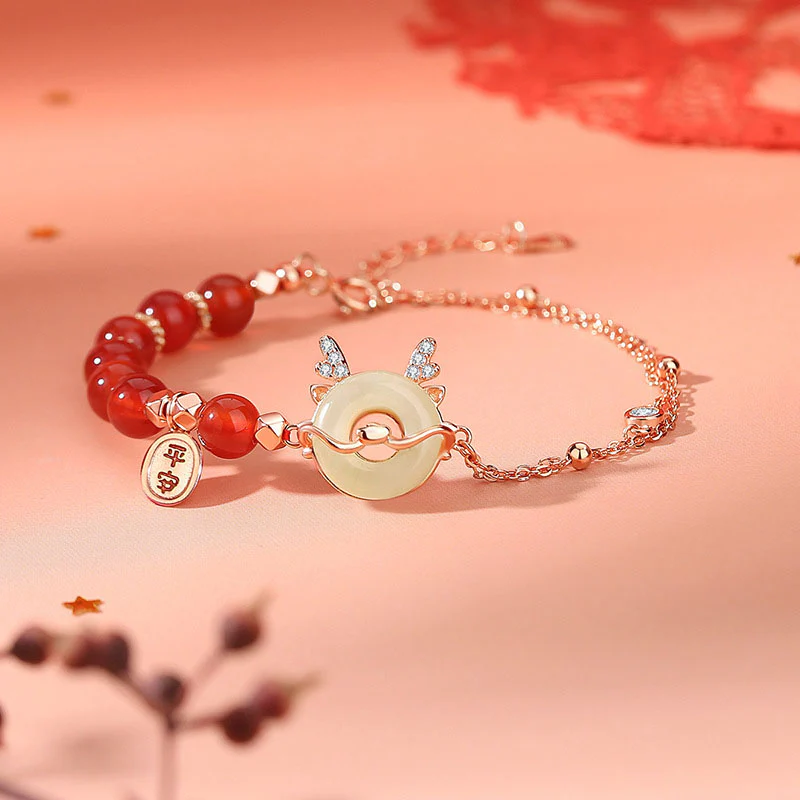 Buddha Stones 925 Sterling Silver Year of the Dragon Natural Red Agate Hetian Jade Peace Buckle Luck Success Bracelet (Extra 30% Off | USE CODE: FS30)