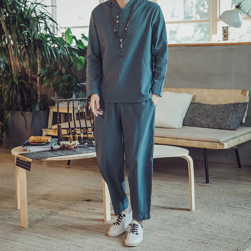 Buddha Stones 2Pcs Cotton Shirt Ankle-Length Pants With Pockets Men's Meditation Cloth Set