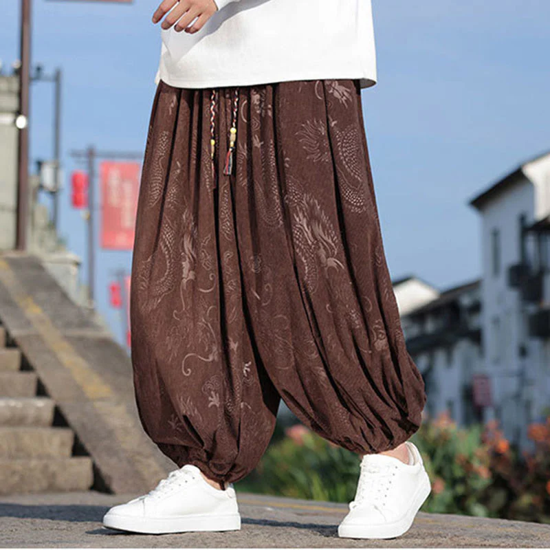 Buddha Stones Dragon Design Casual Plain Cotton Men's Pants With Pockets