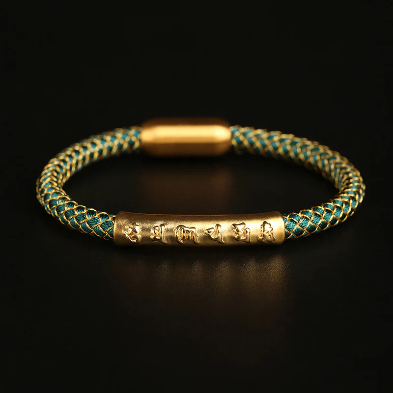 Buddha Stones Handmade 999 Sterling Silver Om Mani Padme Hum Protection Dragon Scale Braided Magnetic Buckle Bracelet