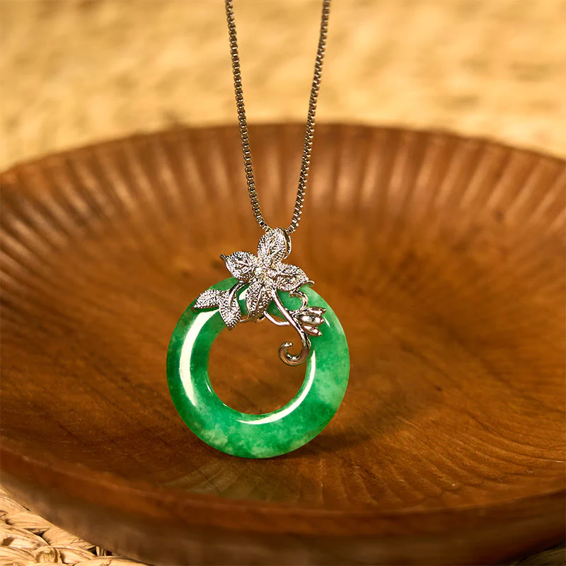 Buddha Stones Cyan Jade Peace Buckle Alloy Flower Healing Luck Necklace Pendant