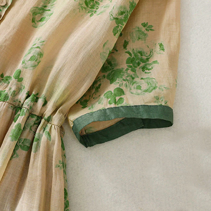 Buddha Stones Retro Printing Buttons Design Drawstring High Waist Cotton Midi Dress With Pockets