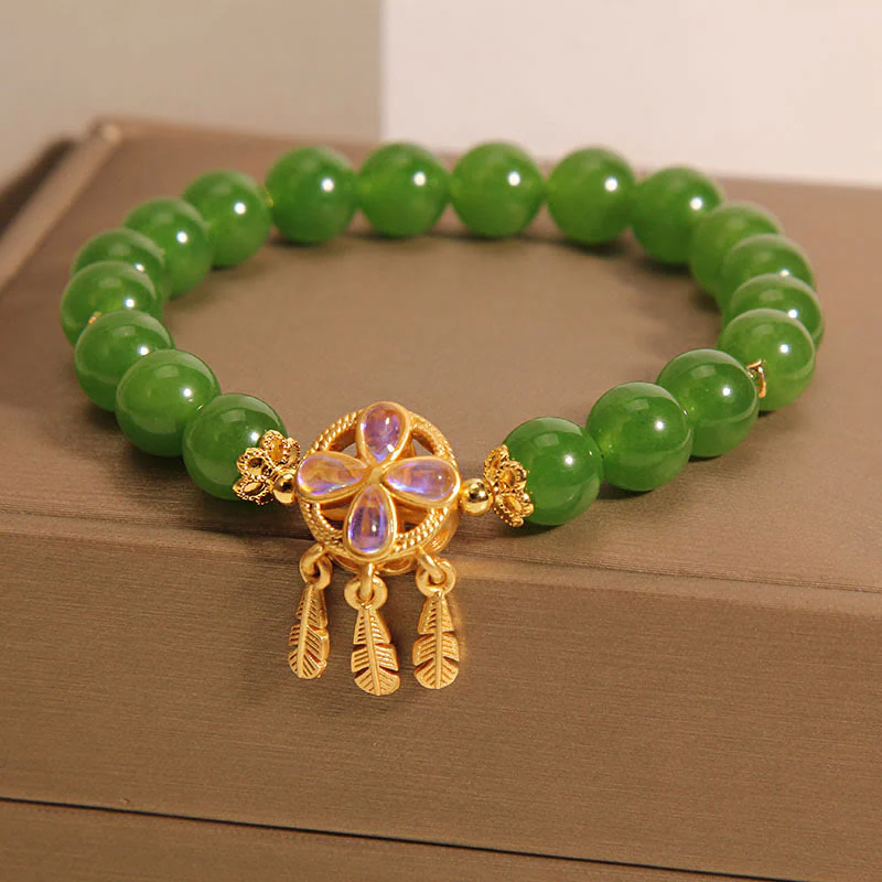 Buddha Stones Green Jade Dreamcatcher Four Leaf Clover Luck Bracelet
