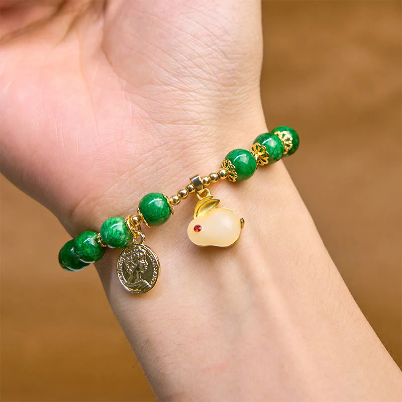 Buddha Stones Green Calcite Lovely Rabbit Charm Clarity Bracelet
