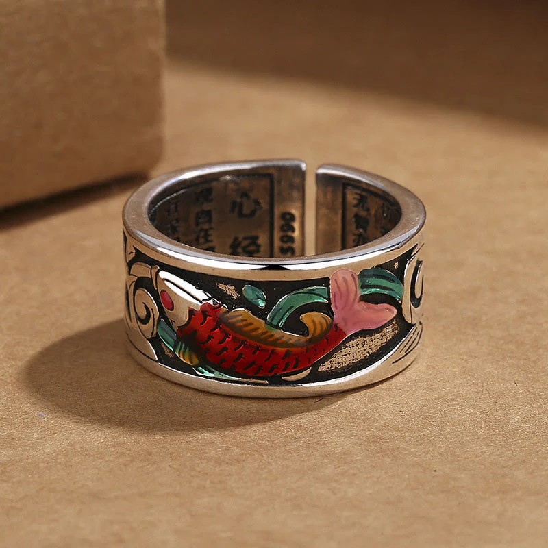Buddha Stones Blue Enamel Koi Fish Heart Sutra Success Ring
