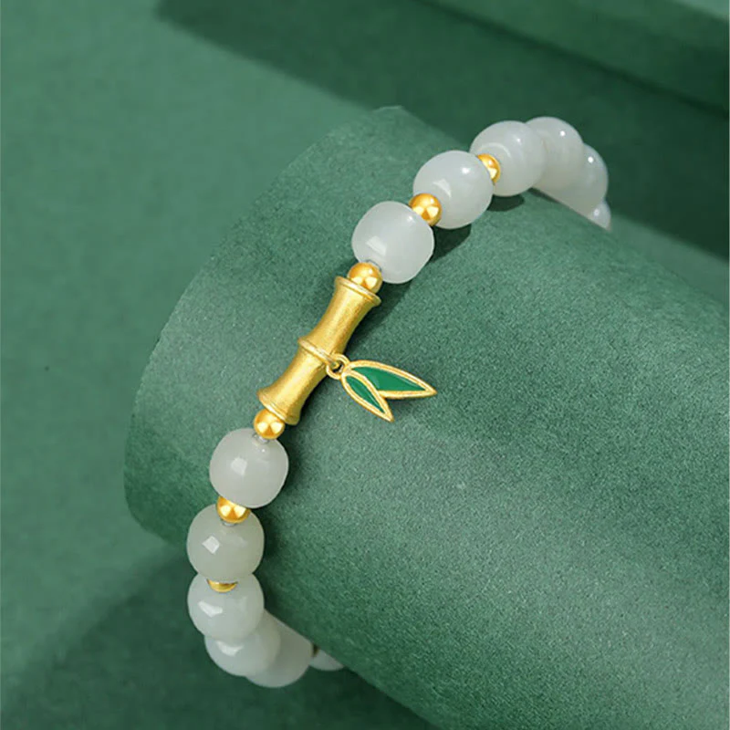 Buddha Stones 925 Sterling Silver Hetian White Jade Bamboo Luck Bracelet