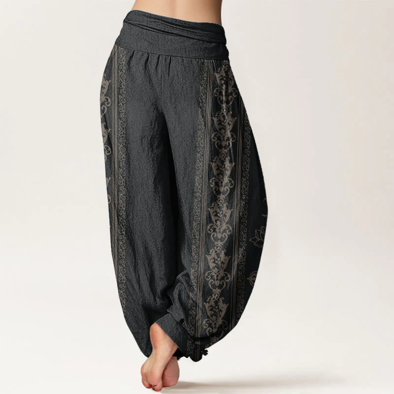 Buddha Stones Pure Cotton Lotus Flowers Double Dorje Vajra Namaste Om Design Women's Elastic Waist Harem Pants