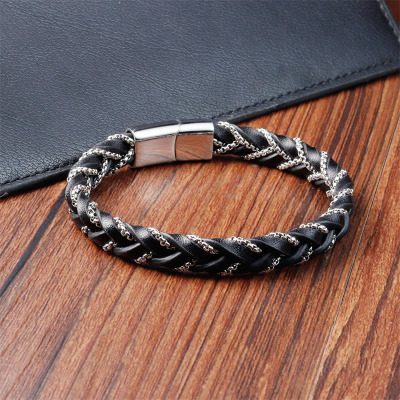 Buddha Stones Simple Design Titanium Steel Calm Braided Leather Buckle Bracelet