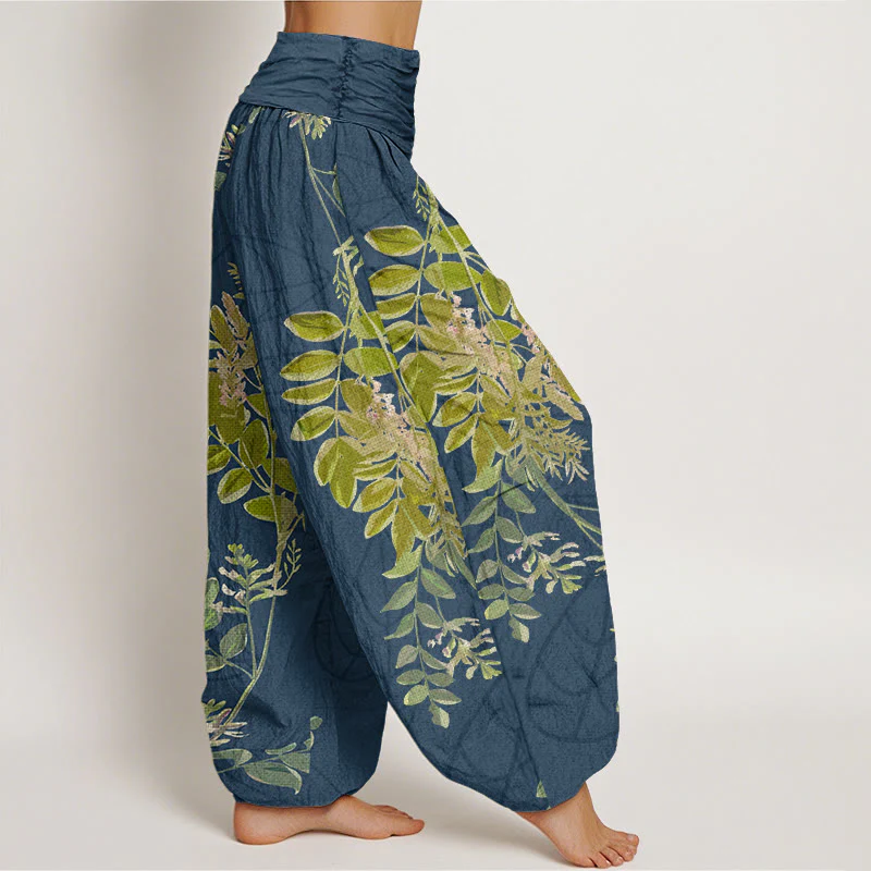 Buddha Stones Green Leaves Branches Women's Elastic Waist Harem Pants