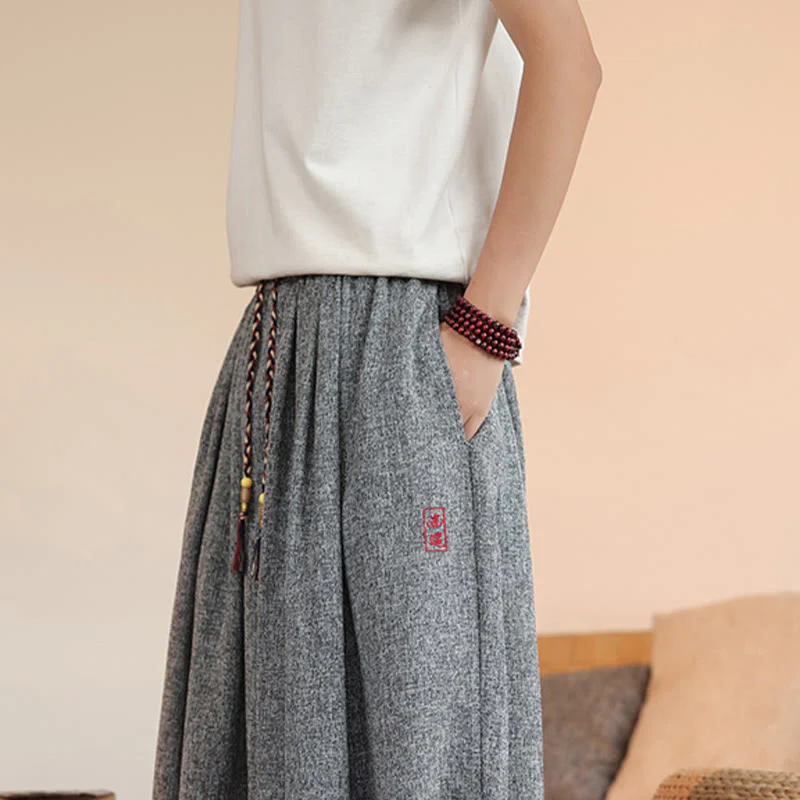 Buddha Stones Summer Characters Embroidery Drawstring Men's Cropped Ankle-Length Harem Pants With Pockets