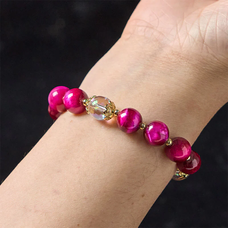 Buddha Stones Natural Red Tiger Eye Purple Tiger Eye Beads Green Leaf Protection Bracelet