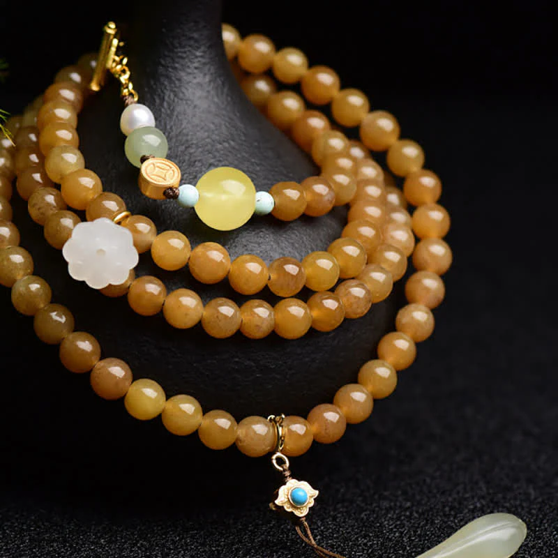 Buddha Stones Natural Hetian Topaz Amber Lotus White Jade Pearl Success Bracelet