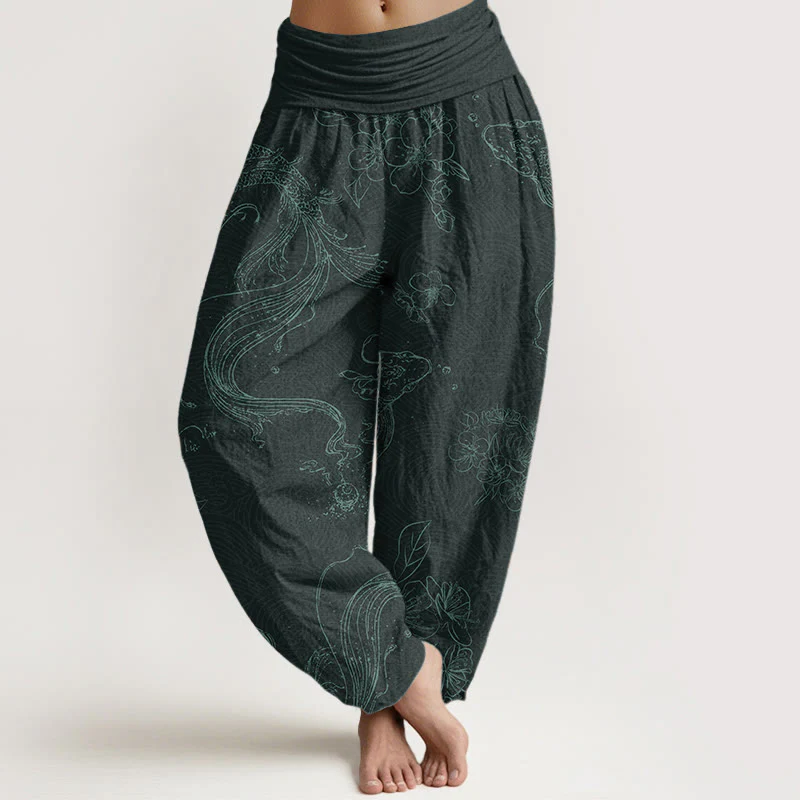 Buddha Stones Pure Cotton Koi Fish Floral Pattern Women's Elastic Waist Harem Pants