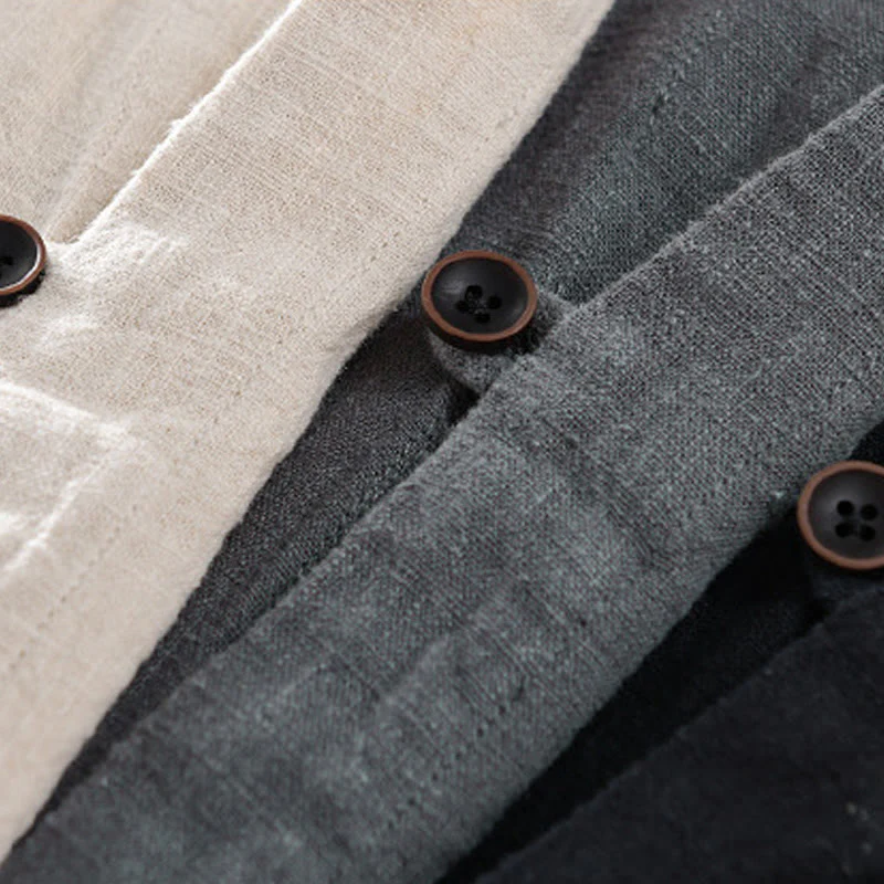 Buddha Stones Spring Daily Simple Buttons Design Stand Collar Men's Long Sleeve Cotton Linen Shirt With Pockets