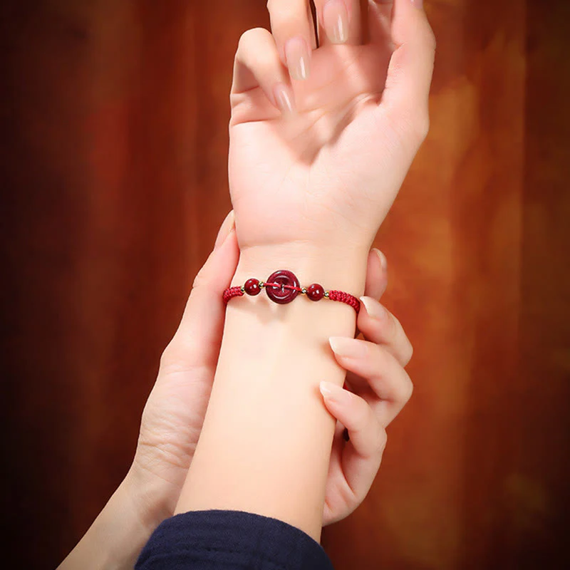 Buddha Stones Natural Cinnabar Peace Buckle Blessing String Bracelet