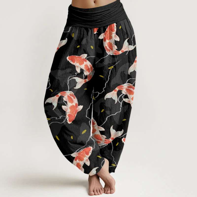 Buddha Stones Red White Koi Fish Pattern Design Women's Elastic Waist Harem Pants