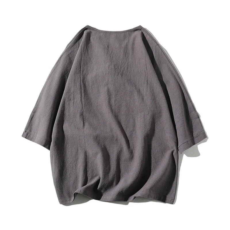 Buddha Stones 2Pcs Plain Notched Collar T-Shirt 7-8 Length Wide Leg Shorts With Pockets Cotton Linen Men's Meditation Cloth Set