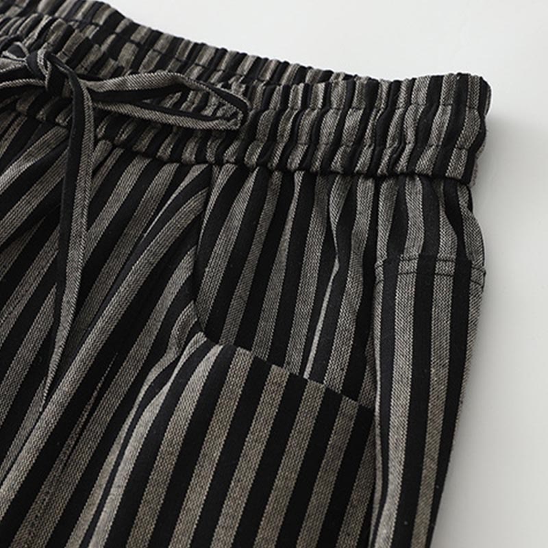 Buddha Stones Commute Striped Drawstring Design Women's Wide Leg Cotton Pants With Pockets