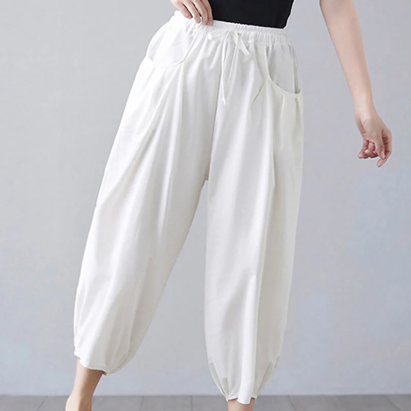 Buddha Stones Summer Plain Cropped Pants Women's Cotton Linen Harem Pants With Pockets