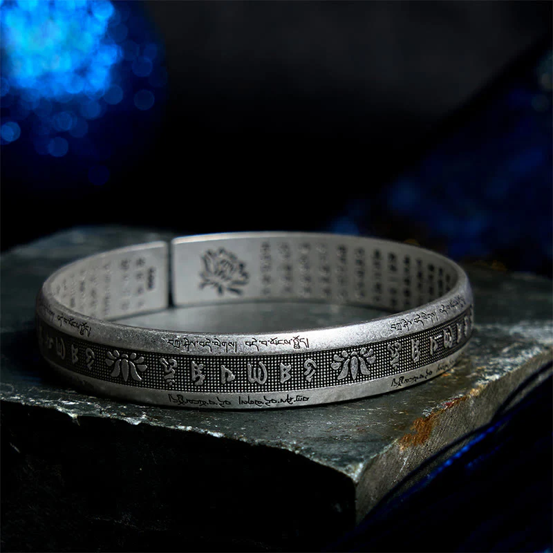 Buddha Stones Om Mani Padme Hum Heart Sutra Mantra Lotus Peace Meditation Cuff Bracelet Bangle