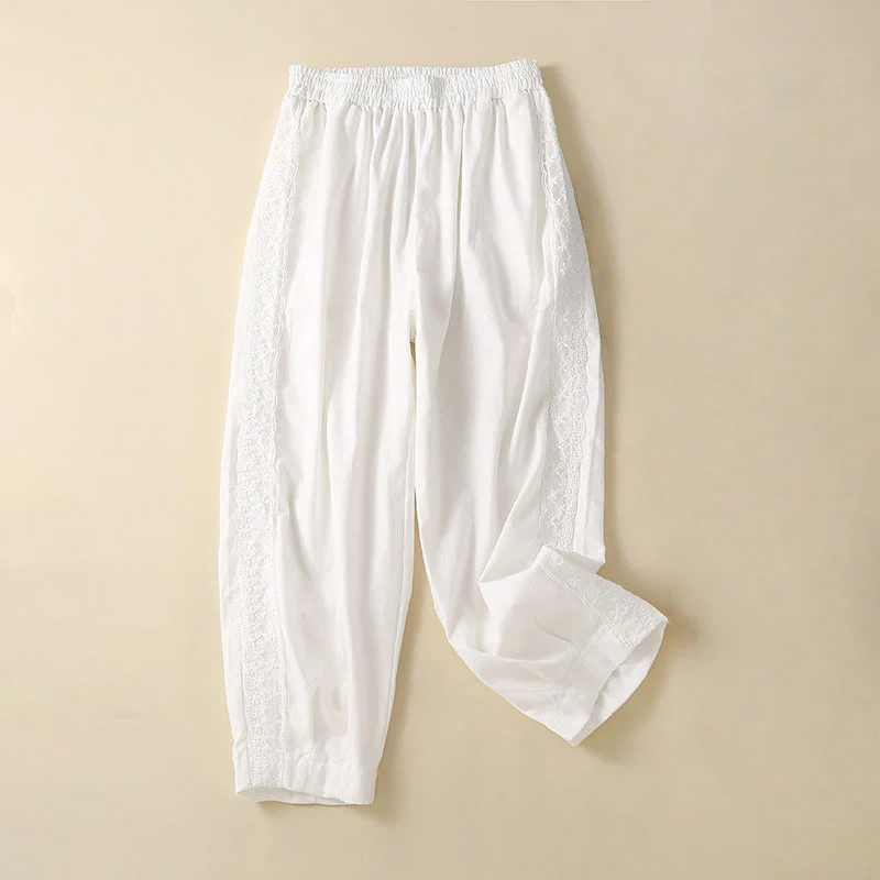 Buddha Stones Plain Lace Women's Harem Cotton Linen Pants With Pockets