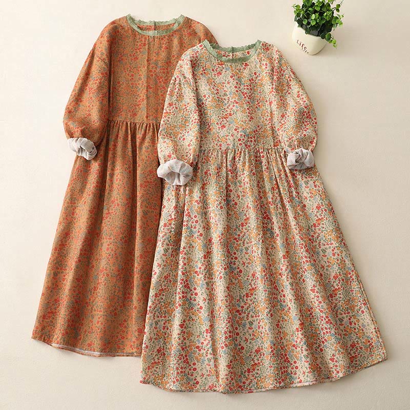 Buddha Stones Casual Floral Lace Crew Neck Balloon Long Sleeve Cotton Linen Midi Dress With Pockets