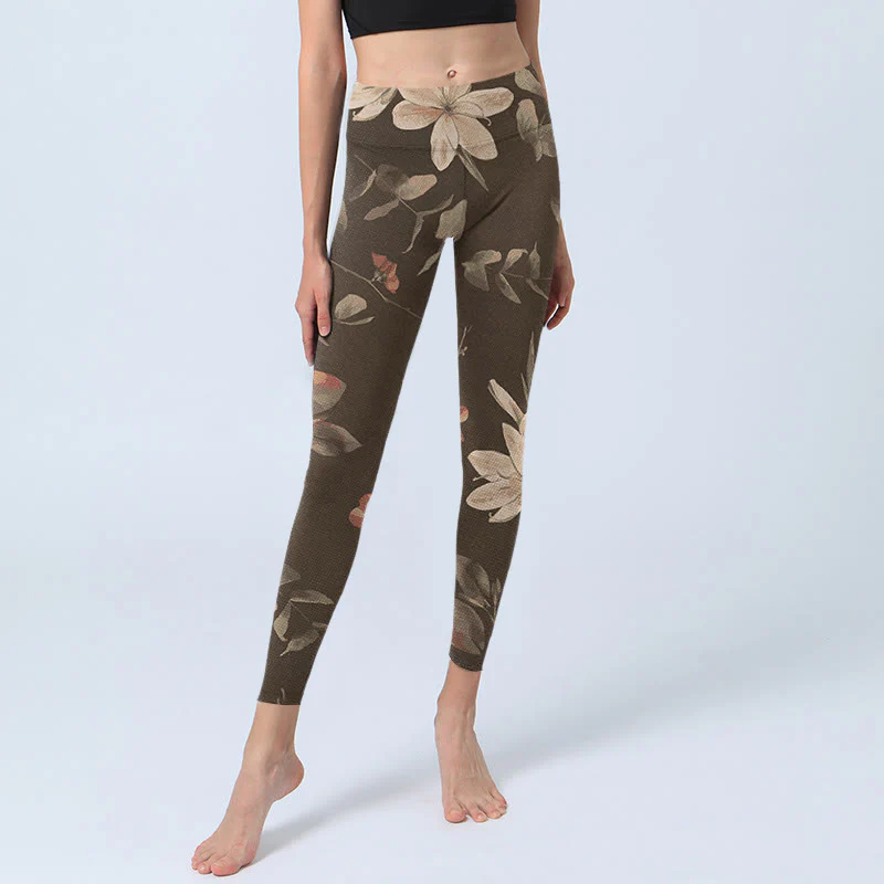 Buddha Stones Purple White Flowers Leaves Blossom Print Gym Fitness Leggings Women's Yoga Pants