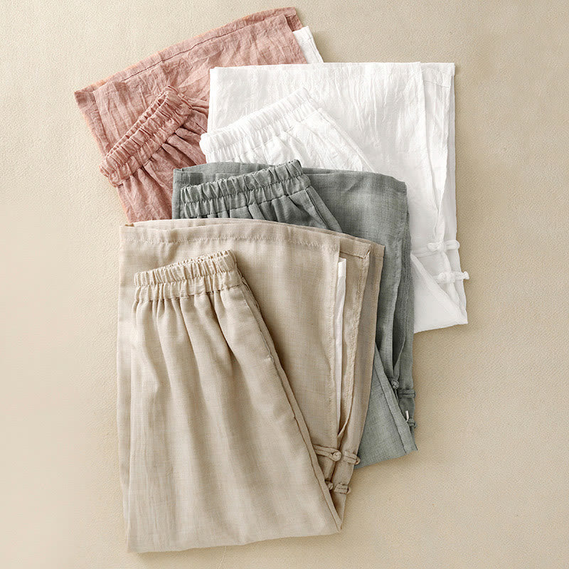 Buddha Stones Frog-Button Hem Slit Design Women's Wide Leg Cotton Linen Pants With Pockets