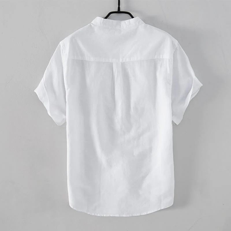 Buddha Stones Casual Daily Simple Buttons Design Stand Collar Men's Short Sleeve Cotton Linen Shirt With Front Pockets
