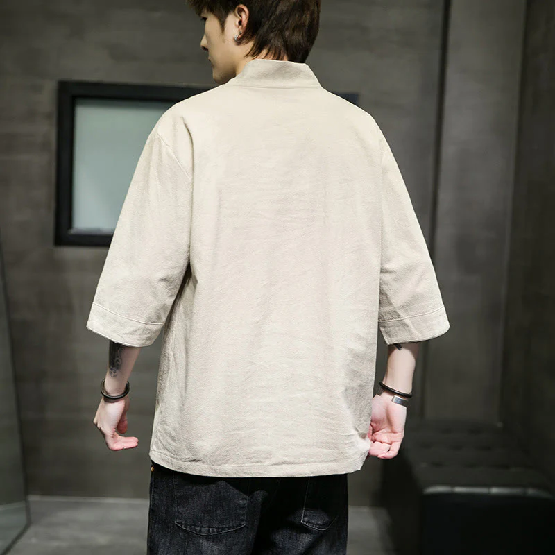 Buddha Stones Summer Casual Simple V-Neck Design Men's Cotton Linen Three Quarter Sleeve T-Shirt With Front Pocket