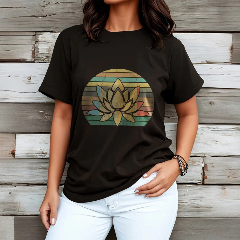 Buddha Stones Casual Retro Striped Background Lotus Flower Pattern Cotton Tee T-shirt