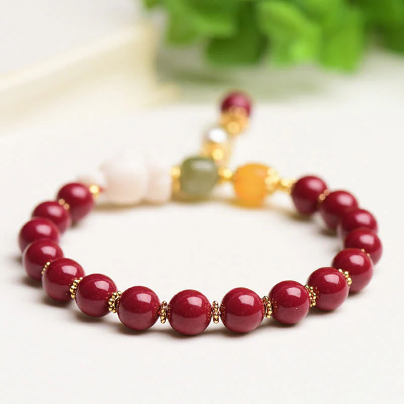 Buddha Stones Year of the Rabbit Cinnabar Hetian Jade Bunny Beaded Blessing Bracelet