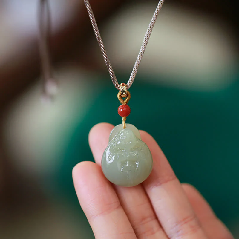 Buddha Stones Laughing Buddha Hetian Jade Wealth Prosperity String Necklace Pendant