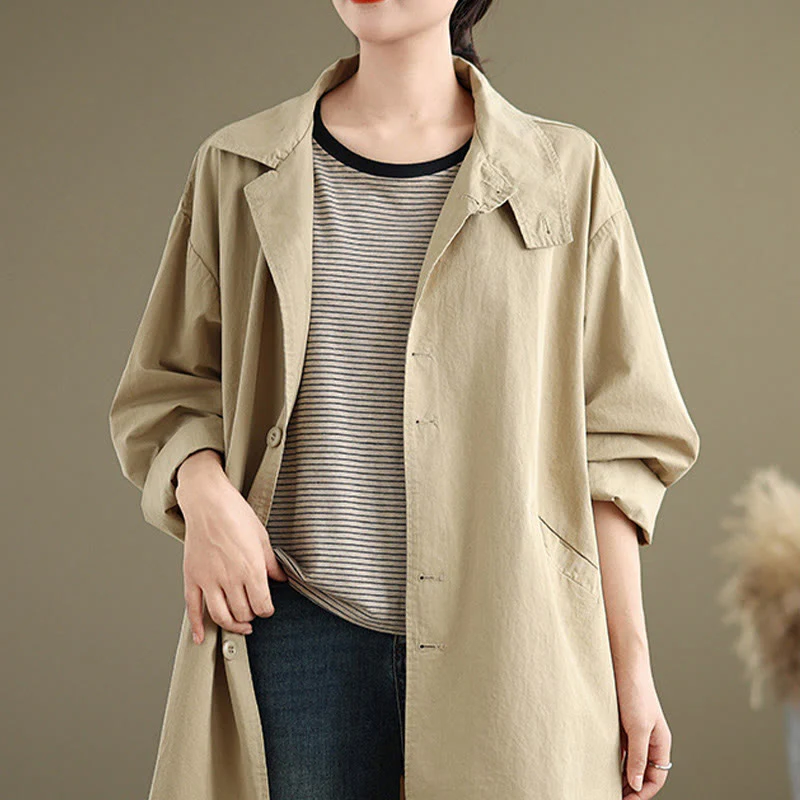 Buddha Stones Spring Plain Buttons Design Long Sleeve Women's Cotton Linen Jacket With Pockets