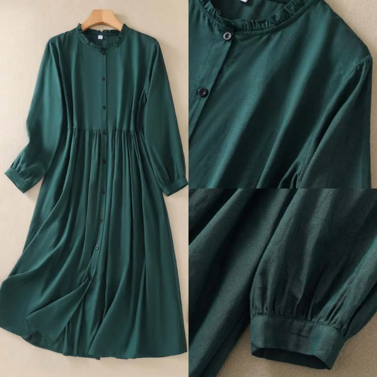 Buddha Stones DarkGreen Plain Ruffled Crew Neck Buttons Design Cotton Midi Dress With Pockets