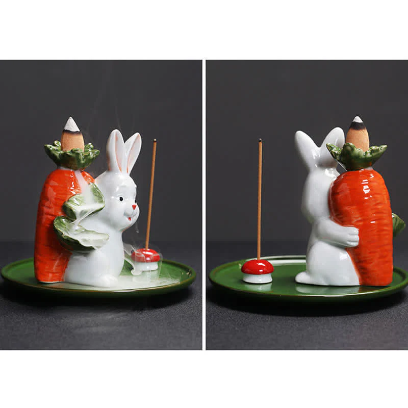 Year of the Rabbit Carrot Mushrooms Rabbit Ceramic Bunny Blessing Incense Burner (Extra 30% Off | USE CODE: FS30)