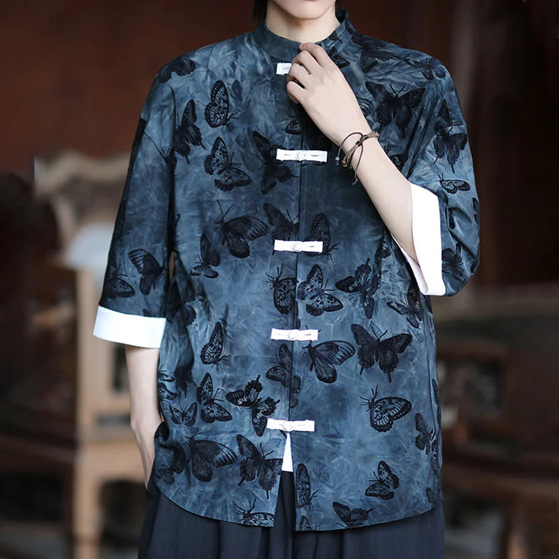 Buddha Stones Jacquard Butterfly Pattern White Frog-Button Design Stand Collar Men's Three Quarter Sleeve Cotton Shirt Cardigan