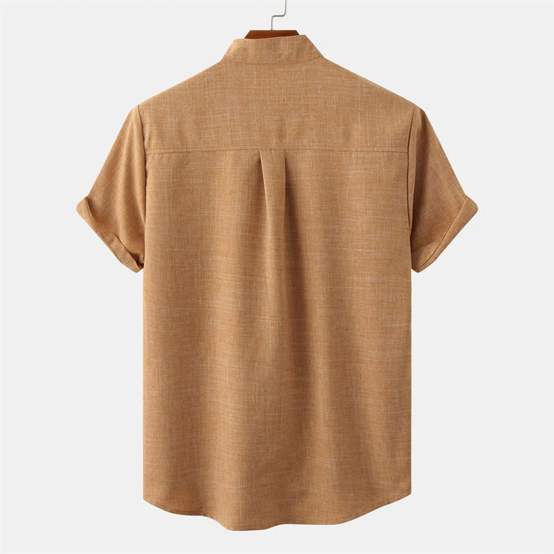 Buddha Stones Summer Men's Button Plain Short Sleeve Cotton Shirt With Pocket