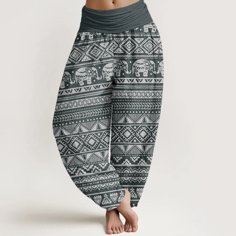 Buddha Stones Pure Cotton Casual Elephant Geometric Figure Women's Elastic Waist Harem Pants