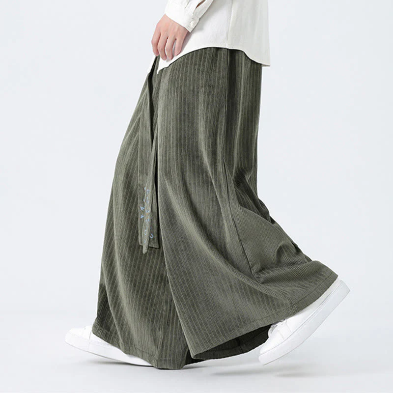Buddha Stones Casual Embroidery Drawstring Design Men's Corduroy Wide Leg Pants With Pockets